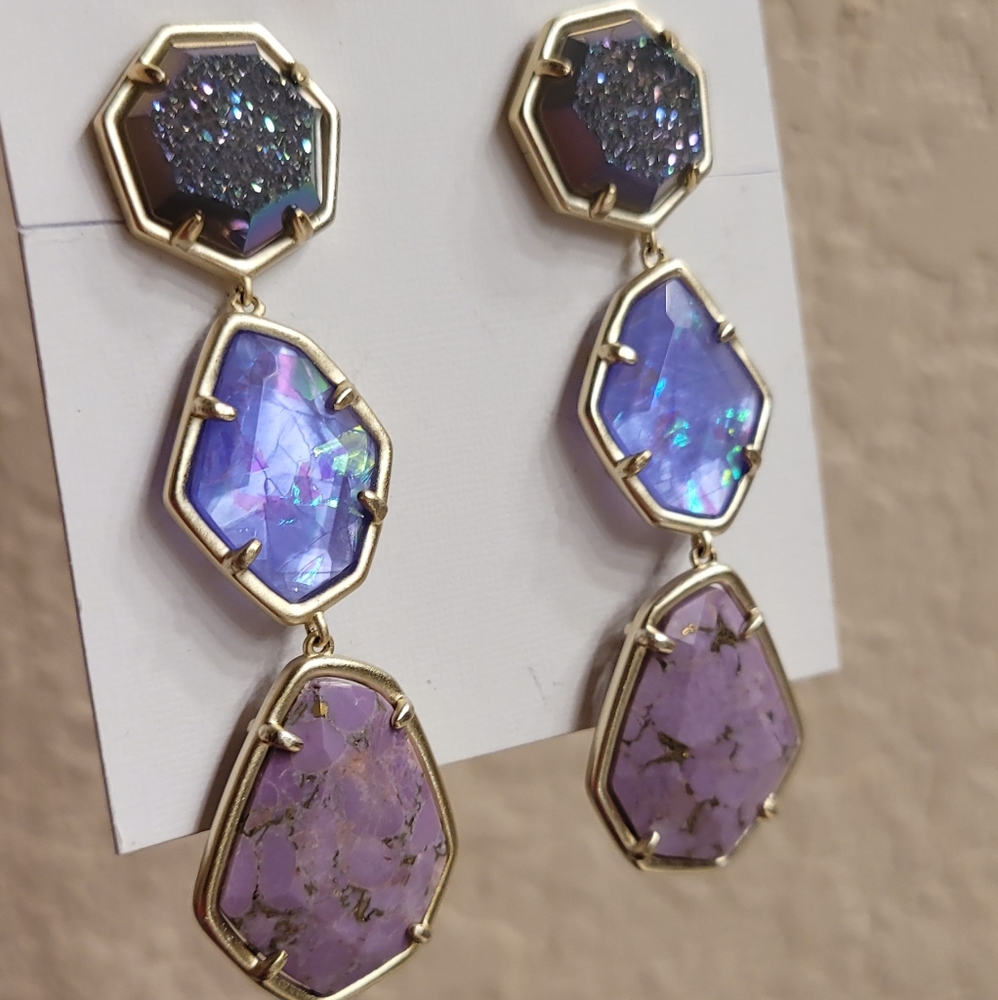 NWT KENDRA SCOTT DRUSY IRIDESCENT PURPLE EARRINGS GOLD NINA CLIP ON EARRINGS